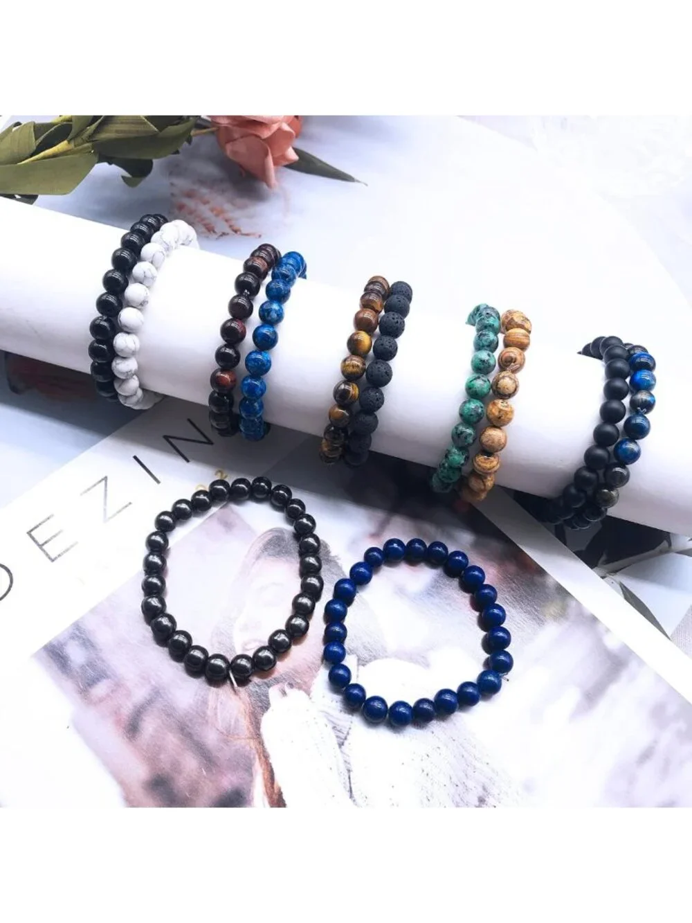 12PCS 8mm Semi-Precious Gemstone Beaded Bracelets for Men & Women | Natural